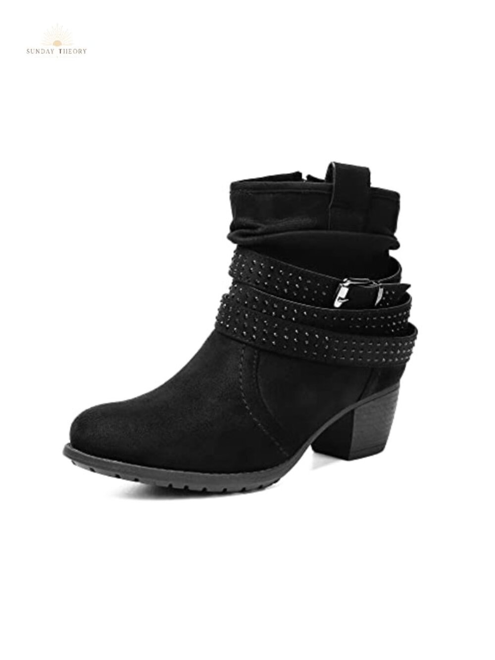 Mid Calf Boots Round Toe Low Heel Slouchy Dress Booties with Jeweled Strap